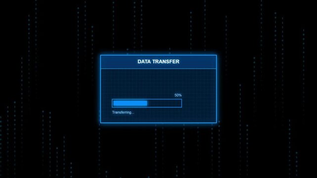 Data Transfer Loading Progress Bar Animation with Binary Code Matrix Background on Dark Grid Surface