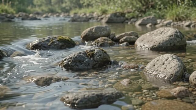 Close-up view of a clear, shallow river flowing over smooth, wet rocks in a sunlit natural environment