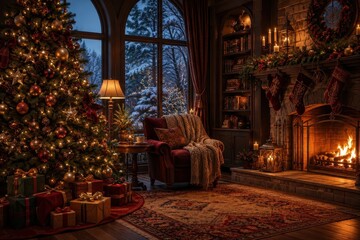 Fototapeta premium Cozy Christmas living room with tree, stockings, fireplace