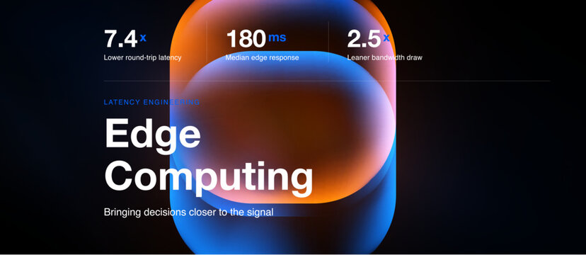Abstract design showcases edge computing concept. Metrics highlight latency, response time, bandwidth improvements. Modern visuals emphasize data proximity.