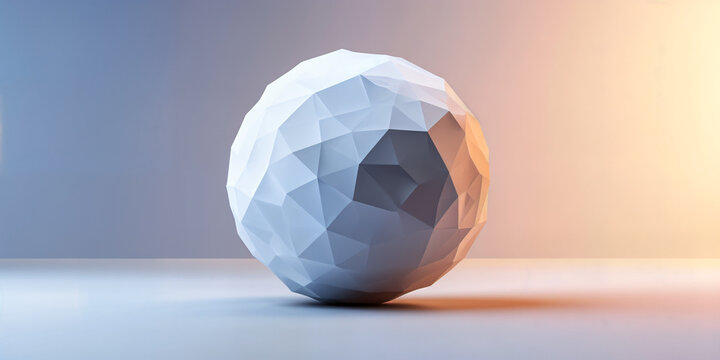 Low poly sphere resting on a reflective surface under gradient lighting.