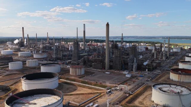 An expansive industrial landscape features numerous white storage tanks and metal chimneys under a bright blue sky.