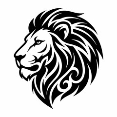 Fototapeta premium Black and white tribal lion head vector illustration. Powerful male lion profile mascot logo graphic design