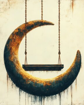 Crescent moon swing, surreal art, dreamlike
