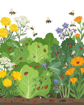 Bumblebees and ladybugs in a vegetable garden with flowers