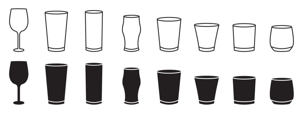 Glass icon set for drinking, wine, water, beverages, dining, restaurants, and kitchen projects.