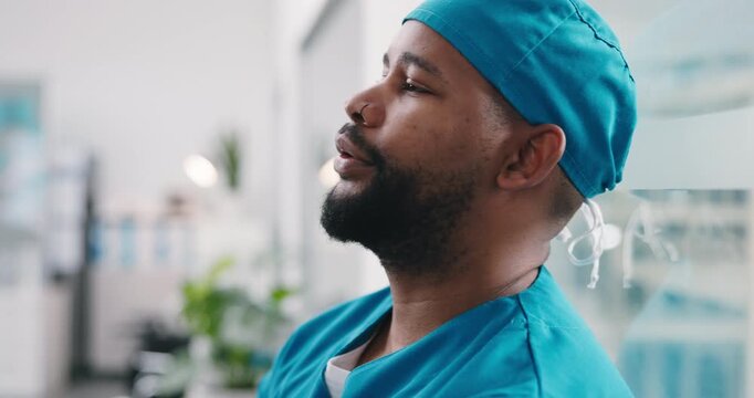 Upset, man and nurse with stress on glass window for medical failure, bad news or procedure mistake. Disappointed, male person or surgeon with disbelief for surgical complication or loss in hospital