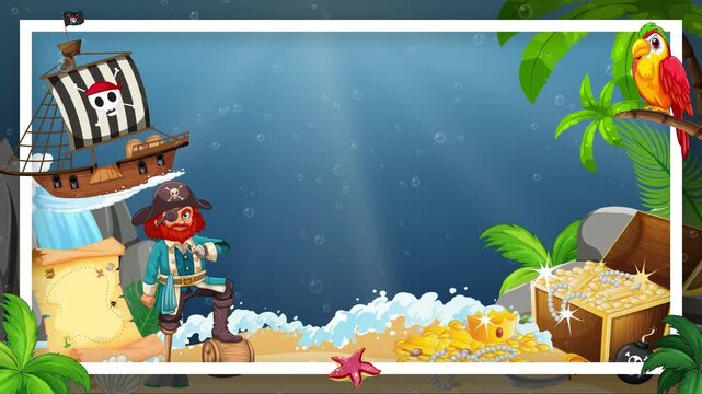 Pirate Island Cartoon Video Frame with Treasure Chest and Ship