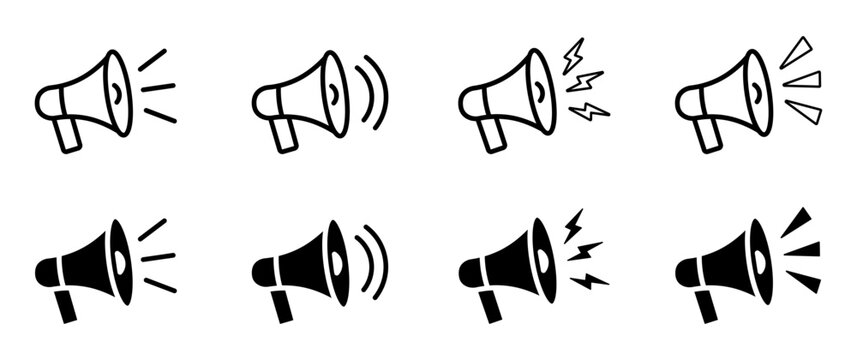 Megaphone loudspeaker icon set for announcements, advertising, marketing, communication and public messages.