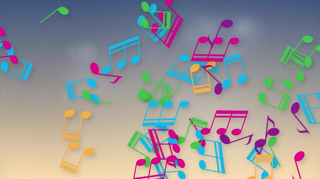 Colorful Musical Notes Floating and Bursting Across a Gradient Background