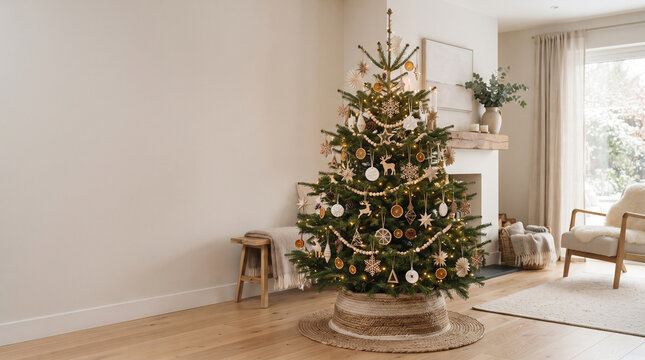 A tall, decorated christmas tree with natural ornaments like dried orange slices and wooden ad social media download thambnail poster web template event festival 2026 2027 2028