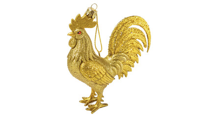 Golden shiny hanging rooster christmas tree ornament isolated on transparent background © Hanna