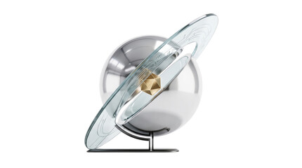 Futuristic chrome sphere sculpture with glass ring and gold core, abstract silver orbital globe on minimalist stand, modern luxury decorative object © MuhammadSalman