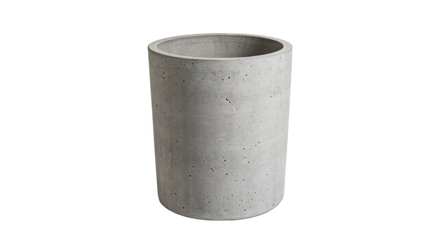 Simple empty cylindrical grey concrete flower pot container isolated on transparent background