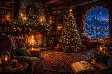 Fototapeta premium Cozy Christmas library with fireplace, tree, snowy mountain view