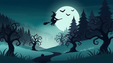 Fototapeta premium A silhouetted witch flies on a broomstick over a dark forest scene with a full moon