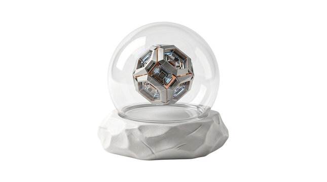 Futuristic glass sphere with metallic geometric core, sci-fi crystal ball on white stone base, high-tech energy orb for gaming and technology concepts