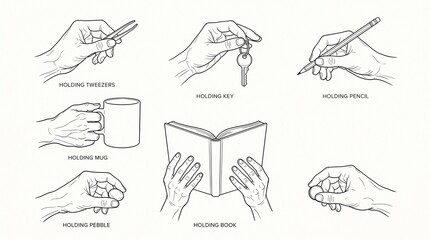 Fototapeta premium Set of hand gestures showing various ways of holding different everyday objects in line art style.