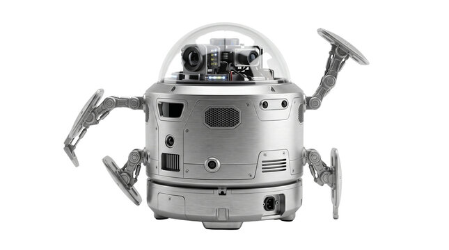Futuristic autonomous security robot with surveillance cameras, silver metallic industrial droid, robotic inspection machine on white background