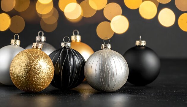 Bolas de Navidad doradas, plateadas y negras con luces desenfocadas