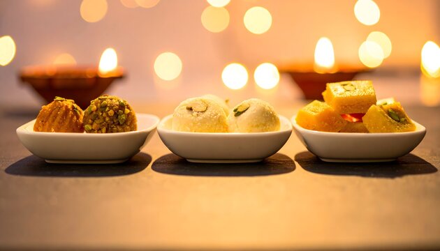 Dulces indios en cuencos con l&aacute;mparas encendidas para Diwali