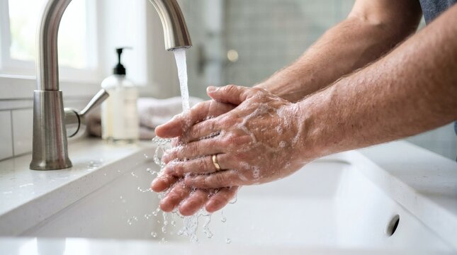 Person washing hands under a running faucet in a bright modern bathroom sink