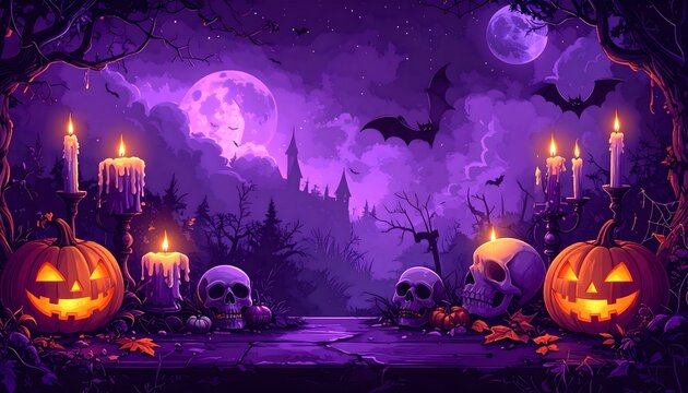 Escena de Halloween con calabazas, calaveras y luna llena violeta