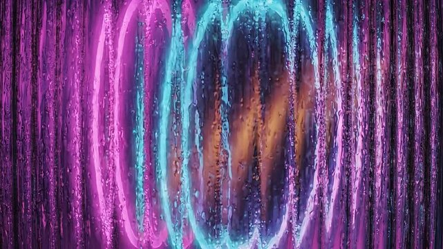 Colorful futuristic neon circles through textured glass. Luminous rings slowly rotating and distorted by ribbed glass for creative projects