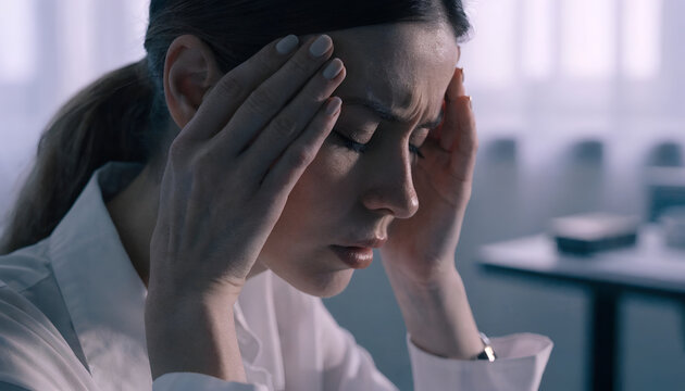 Stressed Businesswoman Experiencing Headache and Mental Fatigue at Work