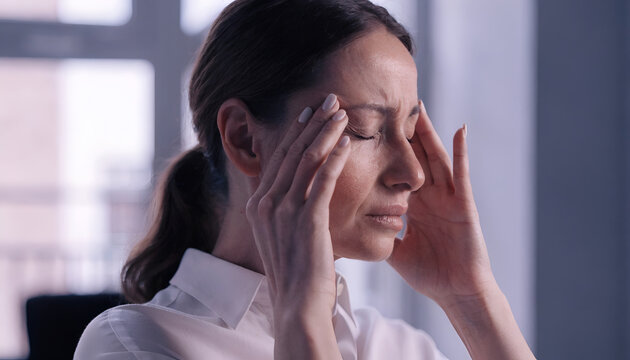 Stressed Businesswoman Experiencing Headache and Mental Fatigue at Work