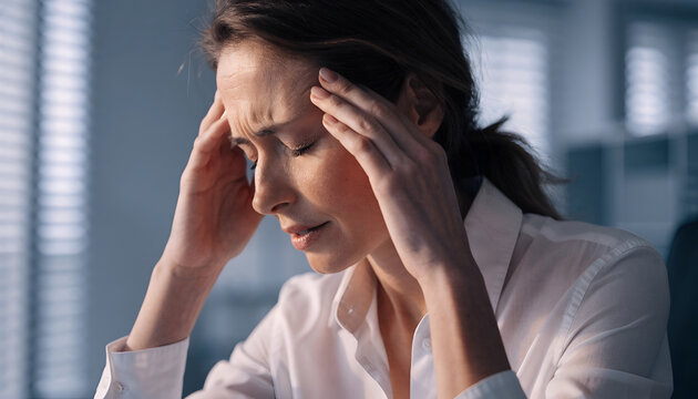Stressed Businesswoman Experiencing Headache and Mental Fatigue at Work