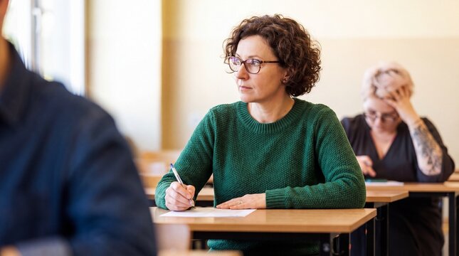 Focused woman writing exam in a bright classroom