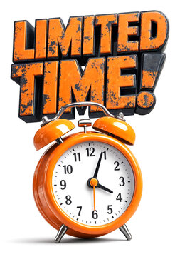 Bright orange alarm clock with limited time offer sign above it isolated illustration