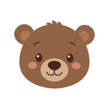 Cute and friendly cartoon brown bear head isolated on white background, perfect for kids design and baby shower cards.