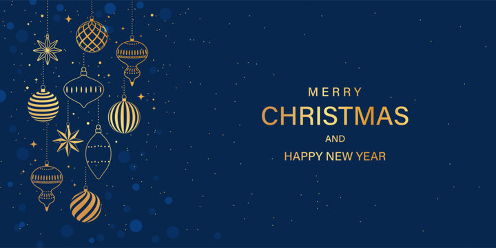 Merry Christmas and Happy New Year banner featuring a luxurious dark blue background and Christmas decorations. The design is suitable for greeting cards.