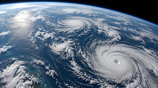 Powerful Hurricanes Swirling Over Earths Ocean Surface as Seen from Space.