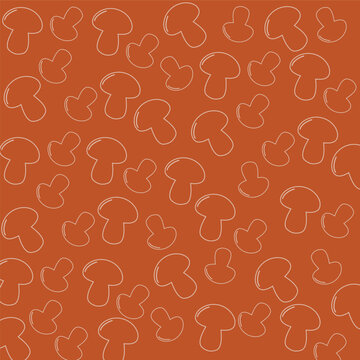 Seamless Mushroom Line Art Pattern on Rust Background.

