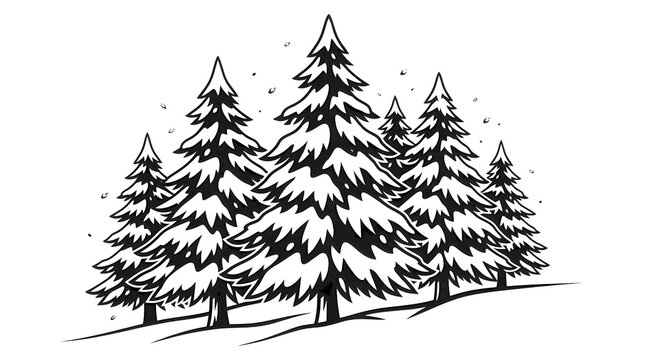 Pine Tree Forest Hand Drawn Line Art Illustration Vintage Evergreen Christmas Trees Sketch Monochrome Vector Design Element Black and White Woodcut Style Nature Woodland Landscape Silhouette Graphic T