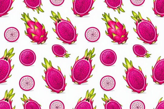 A seamless pattern featuring dragon fruit (both whole and sliced) on a white background, suitable for fashion design, fabrics, wallpaper, and all types of print applications