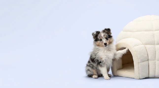 A charming and delightful shetland sheepdog puppy sits patiently near a playful constructed igloo radiating sweetness