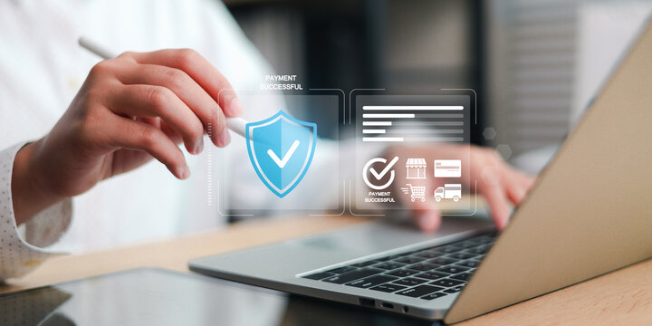 Secure mobile payment concept showing a successful digital transaction, smartphone and laptop with shield protection, online shopping, fintech,