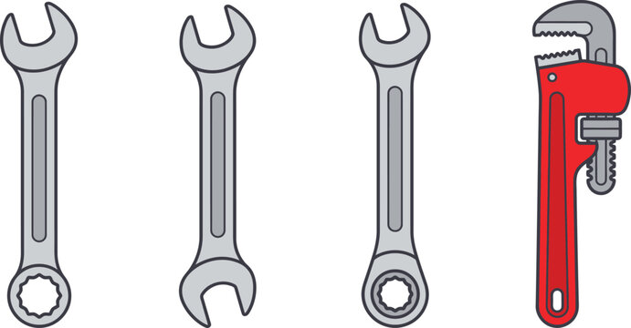 Industrial wrench tool set, professional plumbing pipe wrench and steel spanners, mechanical repair equipment icons, 4 vector hardware elements