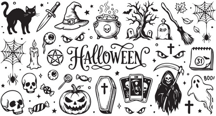 Fototapeta premium Halloween vector illustration set featuring spooky hand drawn doodle elements like pumpkins ghosts skulls and witch items for seasonal design