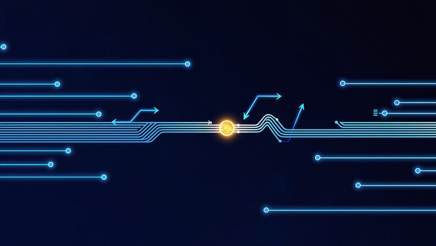 Automated exception handling with adaptive correction route guides data flow through glowing digital circuit against dark background