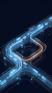 Automated exception handling with adaptive correction route visualized as glowing blue and copper data path on dark background