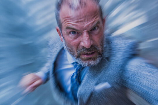 Angry businessman reacting intensely with dramatic motion blur in modern office