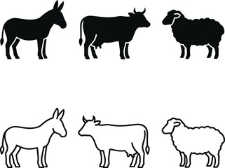 Fototapeta premium Set of black and white vector icons featuring farm animals including donkeys, cows, and sheep.
