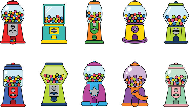 Retro gumball machine vector set, 10 colorful candy dispenser icons, vintage bubblegum vending machine collection for arcade and carnival themes