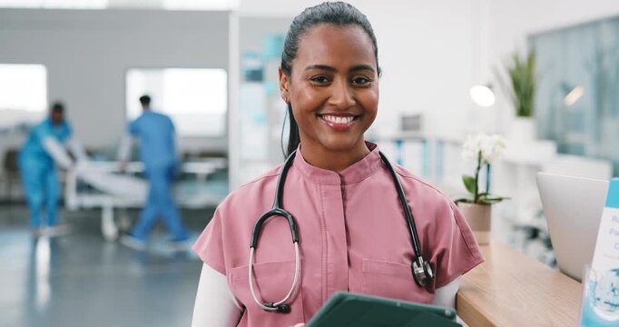 Medical, smile and woman in hospital with tablet, maternity nurse or confidence in labor ward. Happy, ambition or obstetrician in clinic with tech, postnatal doctor or about us in healthcare industry