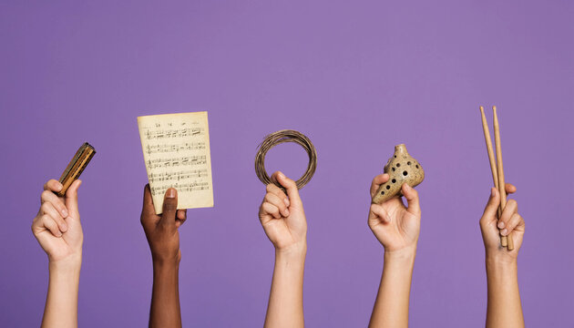 Hands holding musical instruments and sheet music against purple background representing music education and creative collaboration